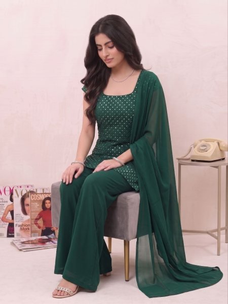 90s Style Soft Georgette Bell Palazzo Dress Set with Embroidered Top and Dupatta Full Set Kurti