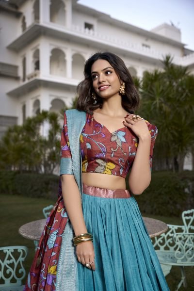 A exquisite Tussar Silk Lehenga Set with Perfect Firozi patola print design Ceremonial Wear  Navratri Lehnega Choli