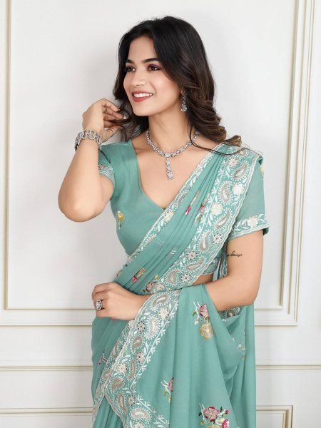 aakashi blue heavy georgette saree with shimmer thread embroidery perfect for wedding glow Georgette Sarees Wholesale