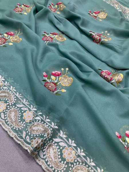 aakashi blue heavy georgette saree with shimmer thread embroidery perfect for wedding glow Georgette Sarees Wholesale