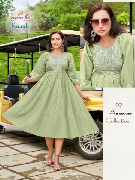 Aanchi Kanak Stylish Embroidered Flared Kurtis in Roman Silk Set to Set Offer Full Set Kurti