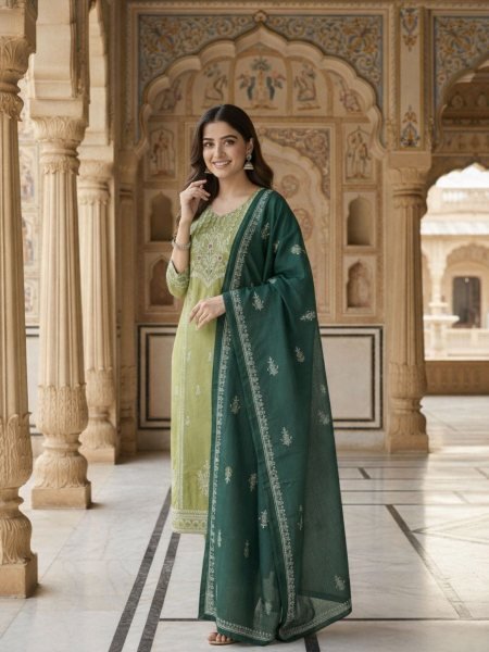 Aarini Pista Cotton Suit Set with Mirror Work For Summer Style Cotton Kurtis Wholesale