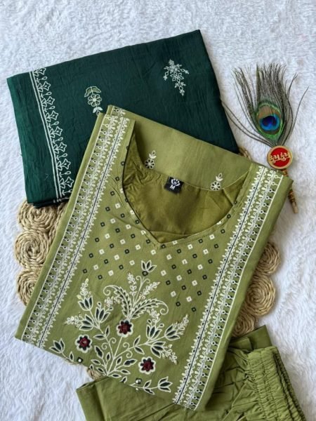 Aarini Pista Cotton Suit Set with Mirror Work For Summer Style Cotton Kurtis Wholesale