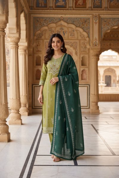 Aarini Pista Cotton Suit Set with Mirror Work For Summer Style Cotton Kurtis Wholesale