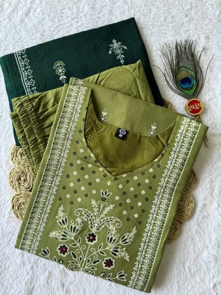Aarini Pista Cotton Suit Set with Mirror Work For Summer Style Cotton Kurtis Wholesale