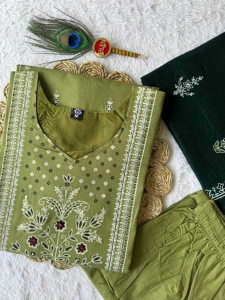 Aarini Pista Cotton Suit Set with Mirror Work For Summer Style Cotton Kurtis Wholesale