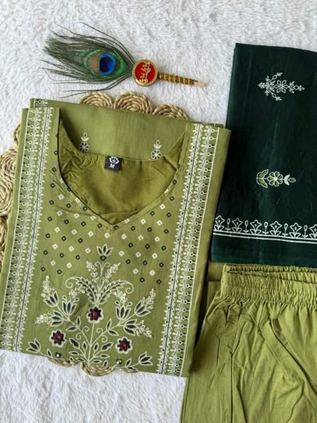 Aarini Pista Cotton Suit Set with Mirror Work For Summer Style Cotton Kurtis Wholesale