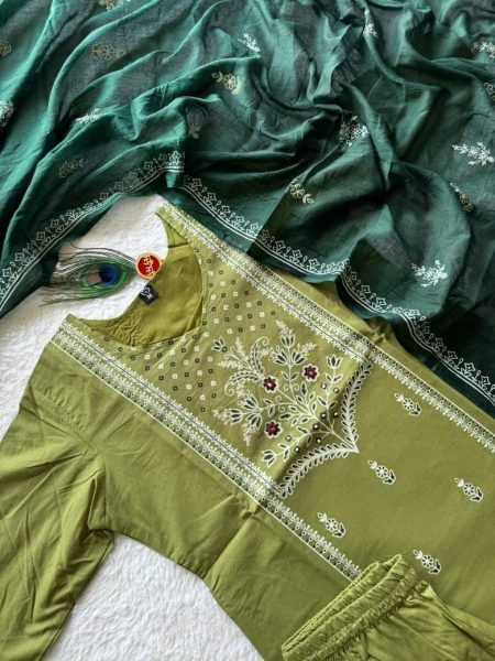 Aarini Pista Cotton Suit Set with Mirror Work For Summer Style Cotton Kurtis Wholesale