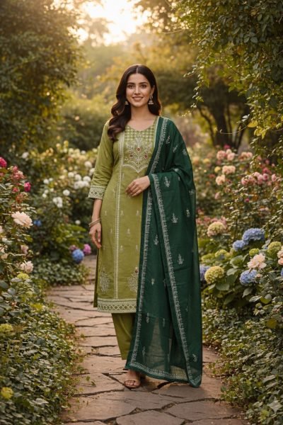 Aarini Pista Cotton Suit Set with Mirror Work For Summer Style Cotton Kurtis Wholesale