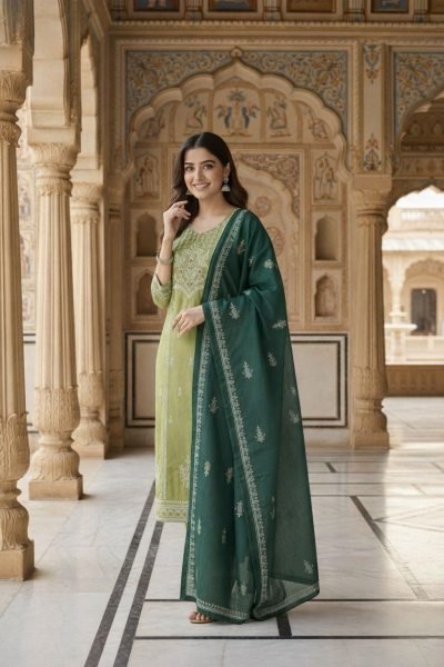 Aarini Pista Cotton Suit Set with Mirror Work For Summer Style Cotton Kurtis Wholesale