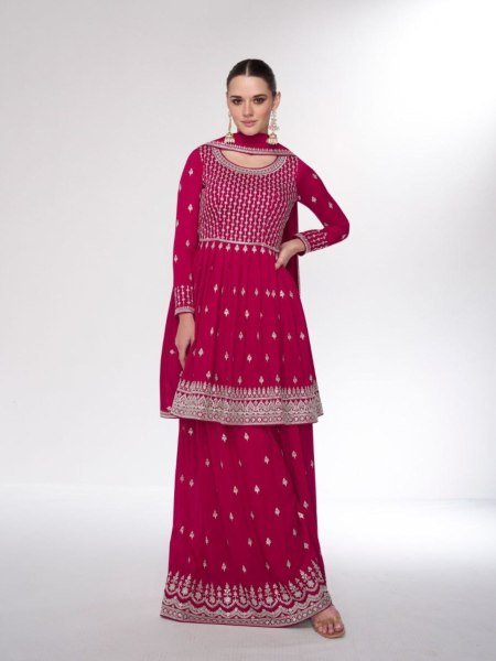 Aashirwad Creation Rani Pink Silk Plazzo Suits Collection  