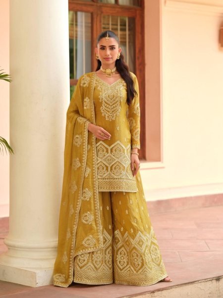 Aashirwad Manya Yellow Tora Silk Kurti Palazzo Set for Wedding Wear Salwar Kameez
