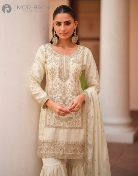 Aashirwad Mohini White Silk Satin Suit With Dupatta Set for Women Pakistani Suits Wholesale