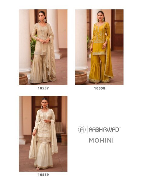 Aashirwad Mohini White Silk Satin Suit With Dupatta Set for Women Pakistani Suits Wholesale