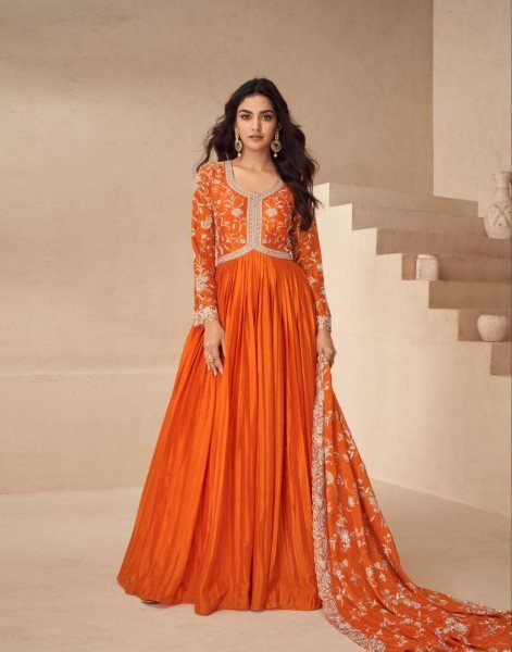 Aashirwad Orange Chinnon Silk Party Gown Wedding and Festival Wear for Girls Anarakali Gown Wholesale