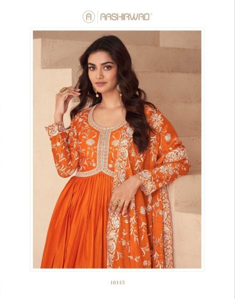 Aashirwad Orange Chinnon Silk Party Gown Wedding and Festival Wear for Girls Anarakali Gown Wholesale