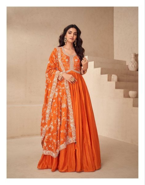 Aashirwad Orange Chinnon Silk Party Gown Wedding and Festival Wear for Girls Anarakali Gown Wholesale