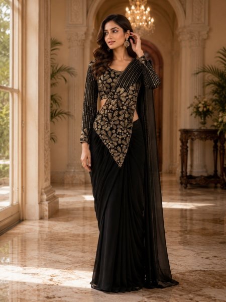 Accessible Black Boutique Style Ready to Wear Saree with Heavy Embroidery Work Sarees 