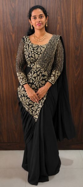 Accessible Black Boutique Style Ready to Wear Saree with Heavy Embroidery Work Ready To Wear Saree 