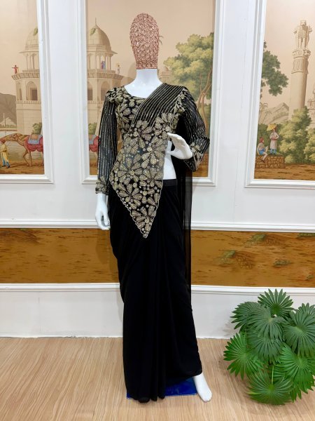 Accessible Black Boutique Style Ready to Wear Saree with Heavy Embroidery Work Ready To Wear Saree 