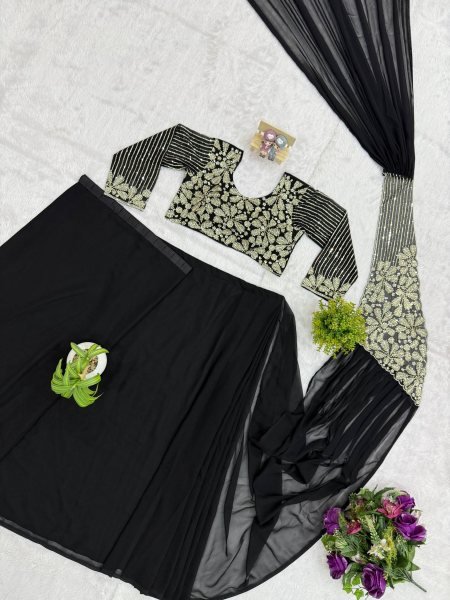 Accessible Black Boutique Style Ready to Wear Saree with Heavy Embroidery Work Ready To Wear Saree 