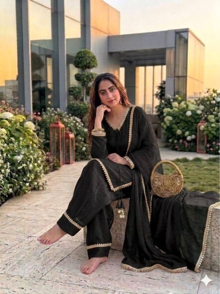 Accessible Black Festive Wear Fendi Satin Silk Suit with Real Mirror Work at Wholesale Rate Ready To Wear Collection