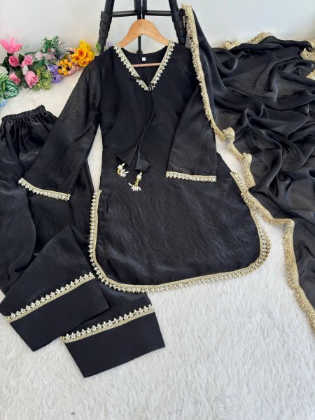 Accessible Black Festive Wear Fendi Satin Silk Suit with Real Mirror Work at Wholesale Rate Ready To Wear Collection