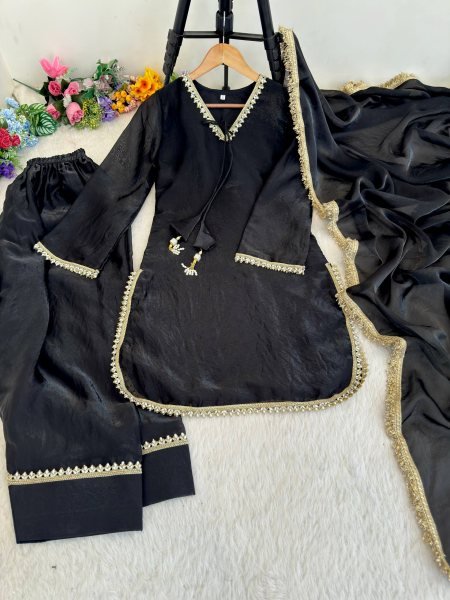 Accessible Black Festive Wear Fendi Satin Silk Suit with Real Mirror Work at Wholesale Rate Ready To Wear Collection