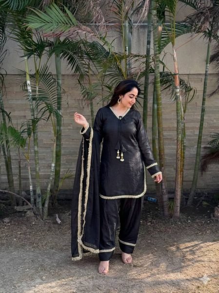 Accessible Black Festive Wear Fendi Satin Silk Suit with Real Mirror Work at Wholesale Rate Ready To Wear Collection