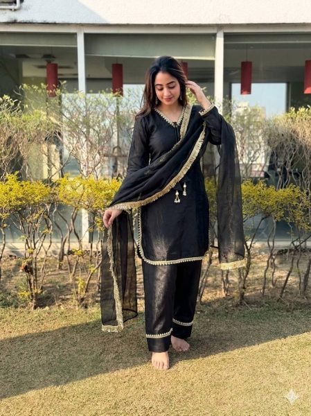 Accessible Black Festive Wear Fendi Satin Silk Suit with Real Mirror Work at Wholesale Rate Ready To Wear Collection