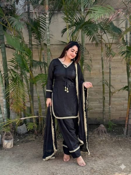 Accessible Black Festive Wear Fendi Satin Silk Suit with Real Mirror Work at Wholesale Rate Ready To Wear Collection