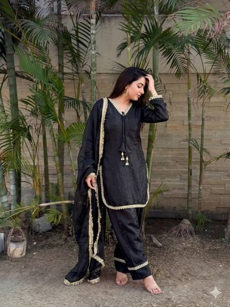 Accessible Black Festive Wear Fendi Satin Silk Suit with Real Mirror Work at Wholesale Rate Ready To Wear Collection