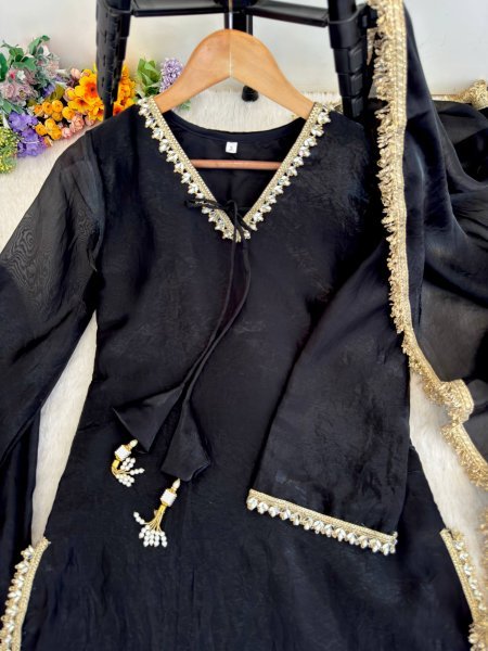 Accessible Black Festive Wear Fendi Satin Silk Suit with Real Mirror Work at Wholesale Rate Ready To Wear Collection