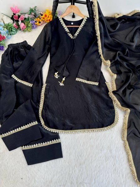 Accessible Black Festive Wear Fendi Satin Silk Suit with Real Mirror Work at Wholesale Rate Ready To Wear Collection