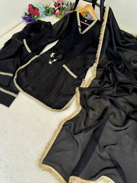 Accessible Black Festive Wear Fendi Satin Silk Suit with Real Mirror Work at Wholesale Rate Ready To Wear Collection