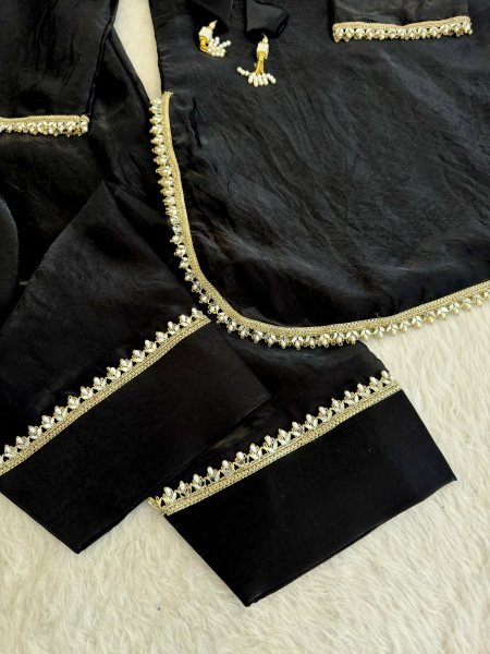 Accessible Black Festive Wear Fendi Satin Silk Suit with Real Mirror Work at Wholesale Rate Ready To Wear Collection