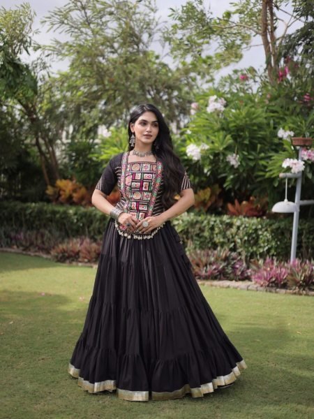 Accessible Black Kora Cotton Lehenga Choli with Kutchi Patchwork for Wedding  Lehenga