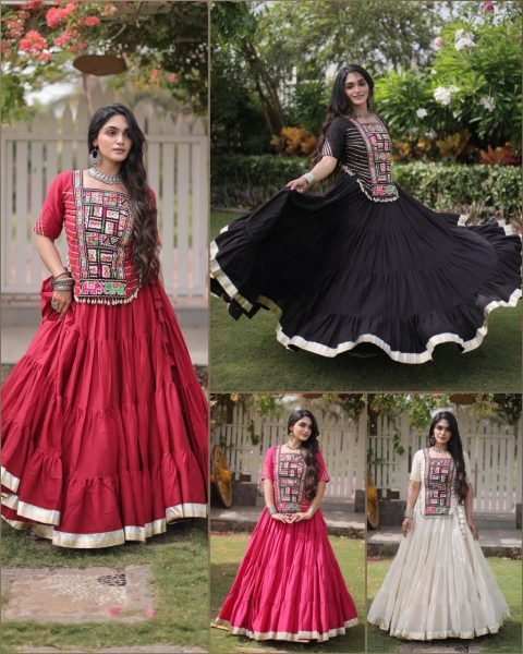 Accessible Black Kora Cotton Lehenga Choli with Kutchi Patchwork for Wedding Navratri Lehnega Choli