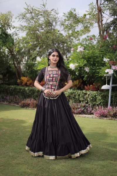 Accessible Black Kora Cotton Lehenga Choli with Kutchi Patchwork for Wedding Navratri Lehnega Choli