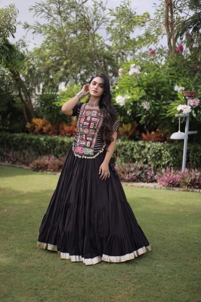 Accessible Black Kora Cotton Lehenga Choli with Kutchi Patchwork for Wedding Navratri Lehnega Choli