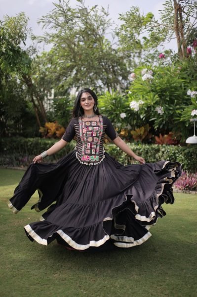 Accessible Black Kora Cotton Lehenga Choli with Kutchi Patchwork for Wedding Navratri Lehnega Choli
