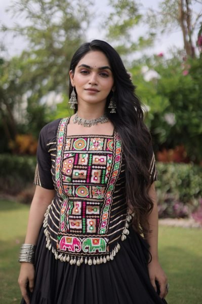 Accessible Black Kora Cotton Lehenga Choli with Kutchi Patchwork for Wedding Navratri Lehnega Choli