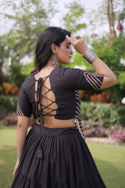 Accessible Black Kora Cotton Lehenga Choli with Kutchi Patchwork for Wedding Navratri Lehnega Choli