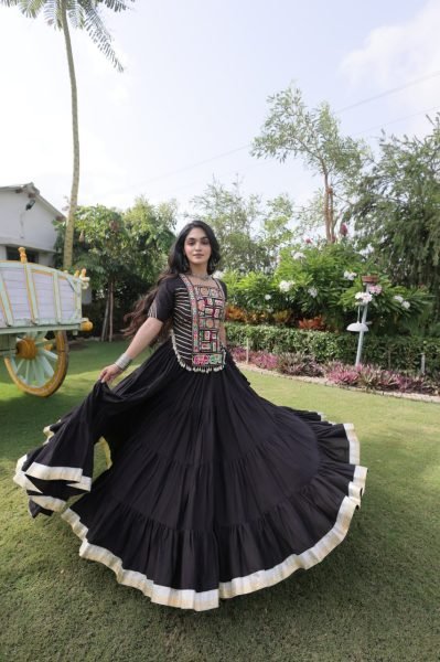 Accessible Black Kora Cotton Lehenga Choli with Kutchi Patchwork for Wedding Navratri Lehnega Choli
