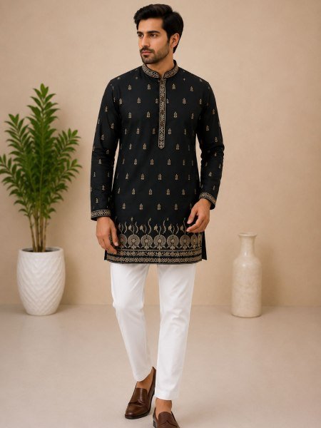 Accessible Black Short Kurta for Men in Premium Rayon Cotton with Embroidery Work Mens Wear