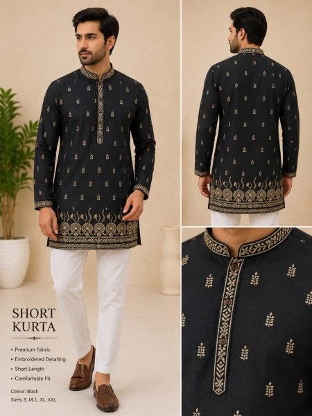 Accessible Black Short Kurta for Men in Premium Rayon Cotton with Embroidery Work Mens Short Kurta