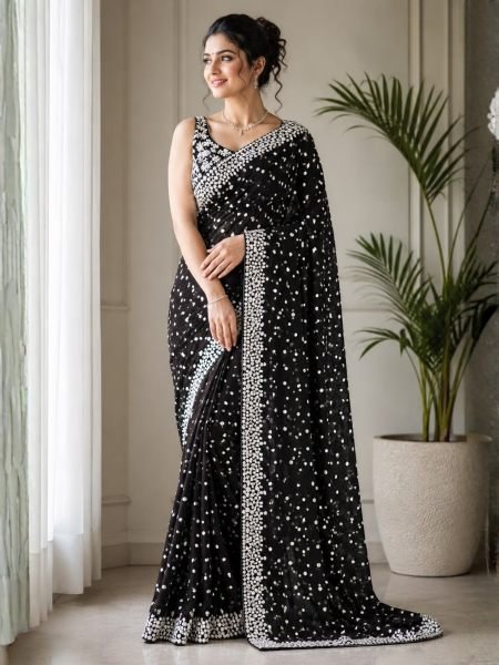 Accessible Black Soft Mono Net Saree with Heavy Embroidered Blouse at Manufacturer  Sarees 