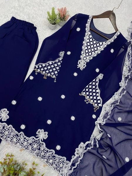 Accessible Blue Georgette Palazzo Suit with Sequence Embroidery For Party Wear  Ready To Wear Collection
