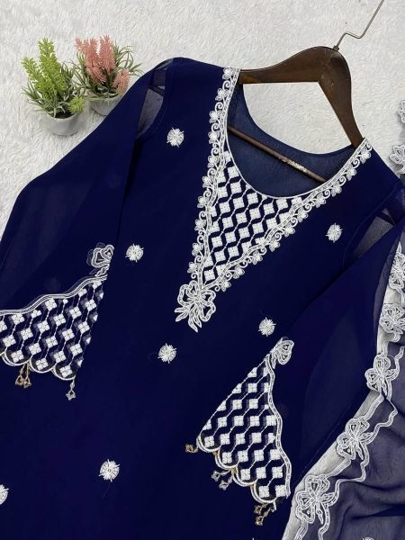 Accessible Blue Georgette Palazzo Suit with Sequence Embroidery For Party Wear  Ready To Wear Collection