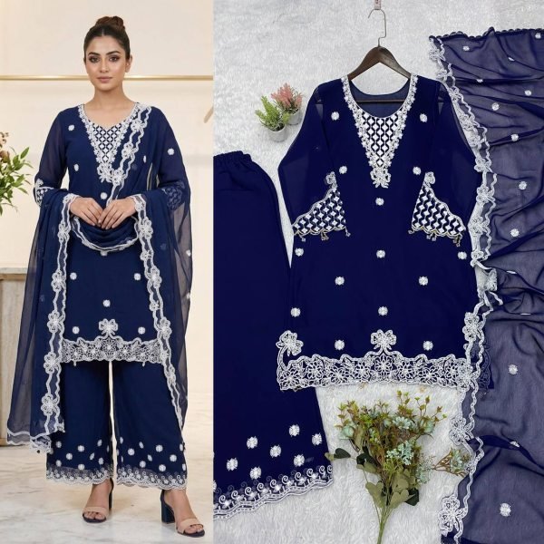 Accessible Blue Georgette Palazzo Suit with Sequence Embroidery For Party Wear  Ready To Wear Collection